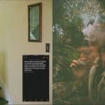 Two photos next to each other. To the left is a small staircase in a yellow room. To the right is a hazy double exposure photo of someone smoking in a forest.