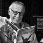 Black and white photo of Stan Lee smiling into the camera, sitting on a couch and reading a Spiderman comic book. To his right is a blue HP logo and a white text paragraph with the title "Comfort is the enemy of creativity."