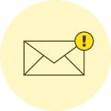a yellow illustration of an email envelope with an exclamation point next to it denoting a notification