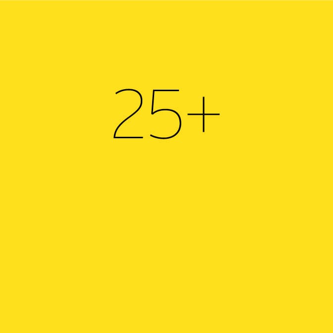 Black text that says "25+" on a yellow background