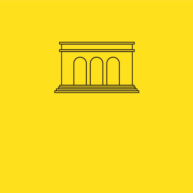 Black icon of a two-columned building on a yellow background