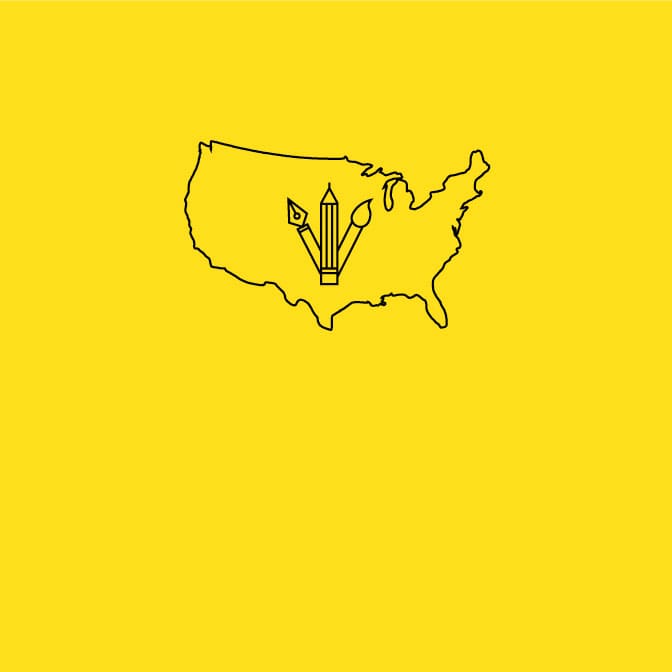 Black icon of a pen, pencil, and paintbrush inside an outline of the USA on a yellow background