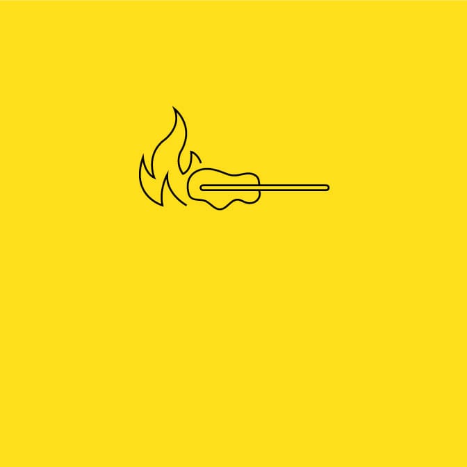 Black icon of a melting popsicle on fire on a yellow background