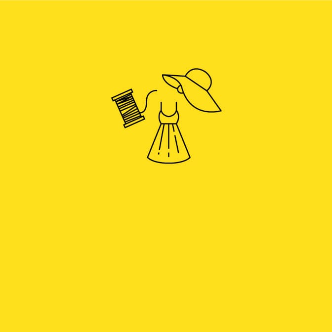 Black icon of a sun hat, spool of thread, and dress on a yellow background