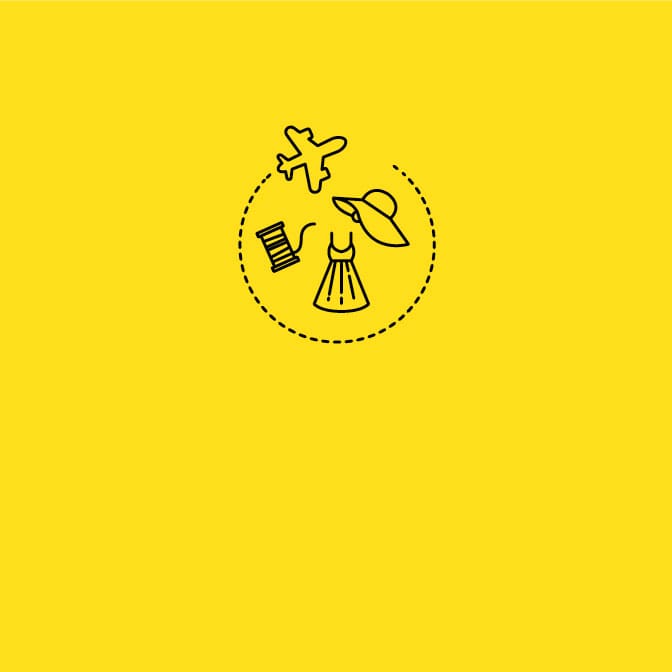 Black icon of a plane, sun hat, dress, and spool of thread on a yellow background