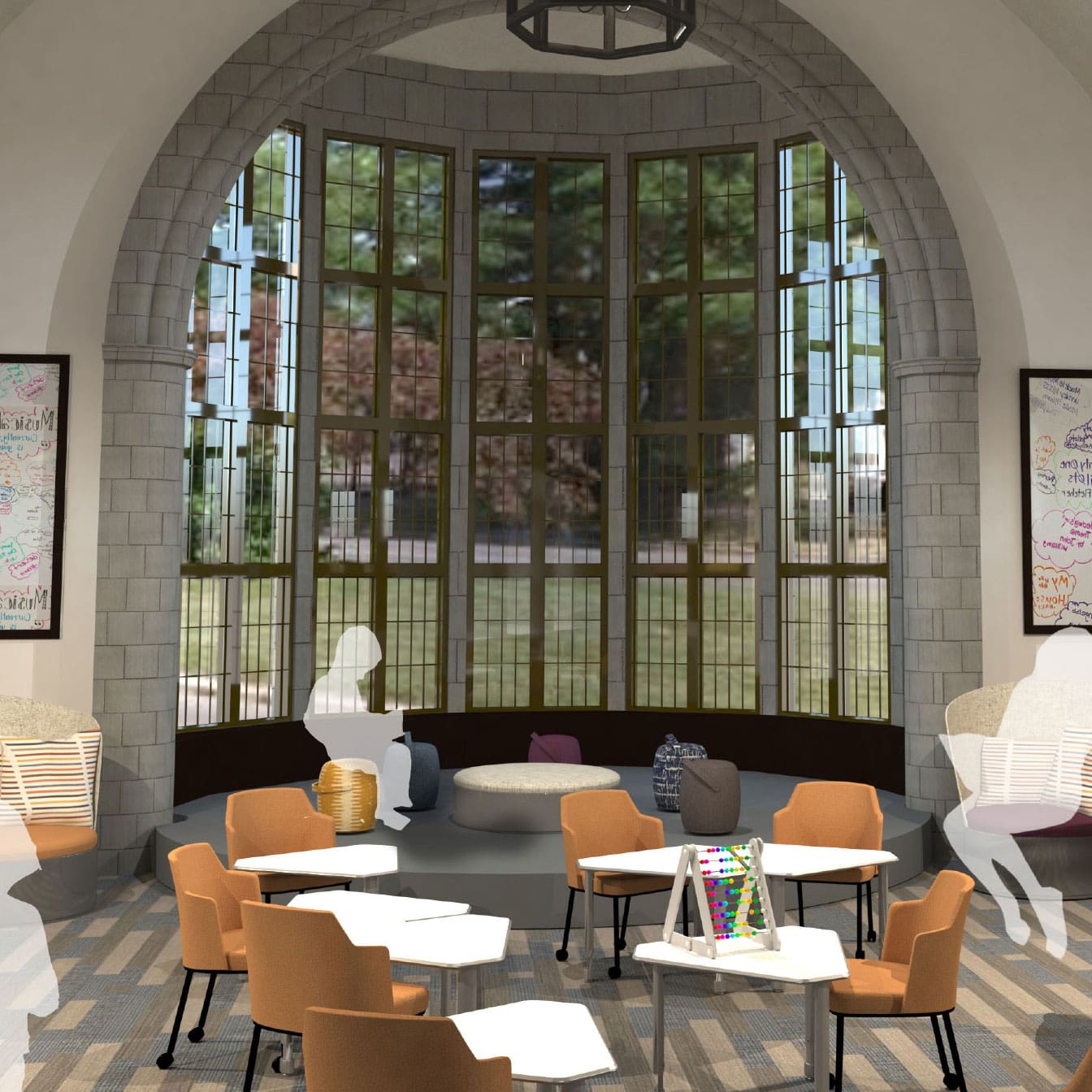 Digital mockup of a room interior with many white table, orange chairs, white halls and a huge floor to ceiling window looking out into a garden.