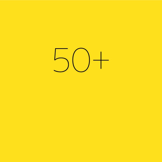 Thin black text that says "50+" on a yellow background