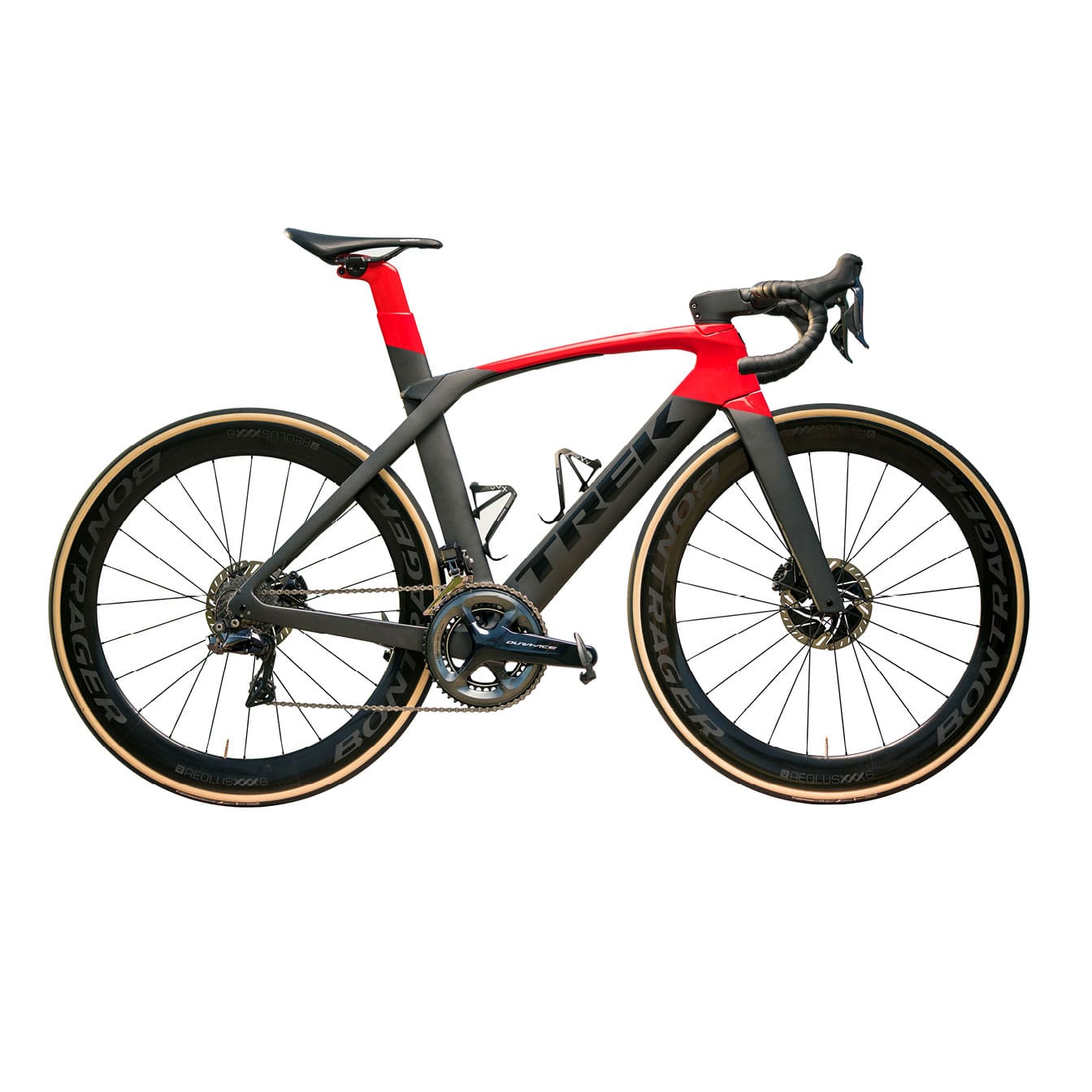 Photo of a black bike on a white background. The top of the bike frame is red.