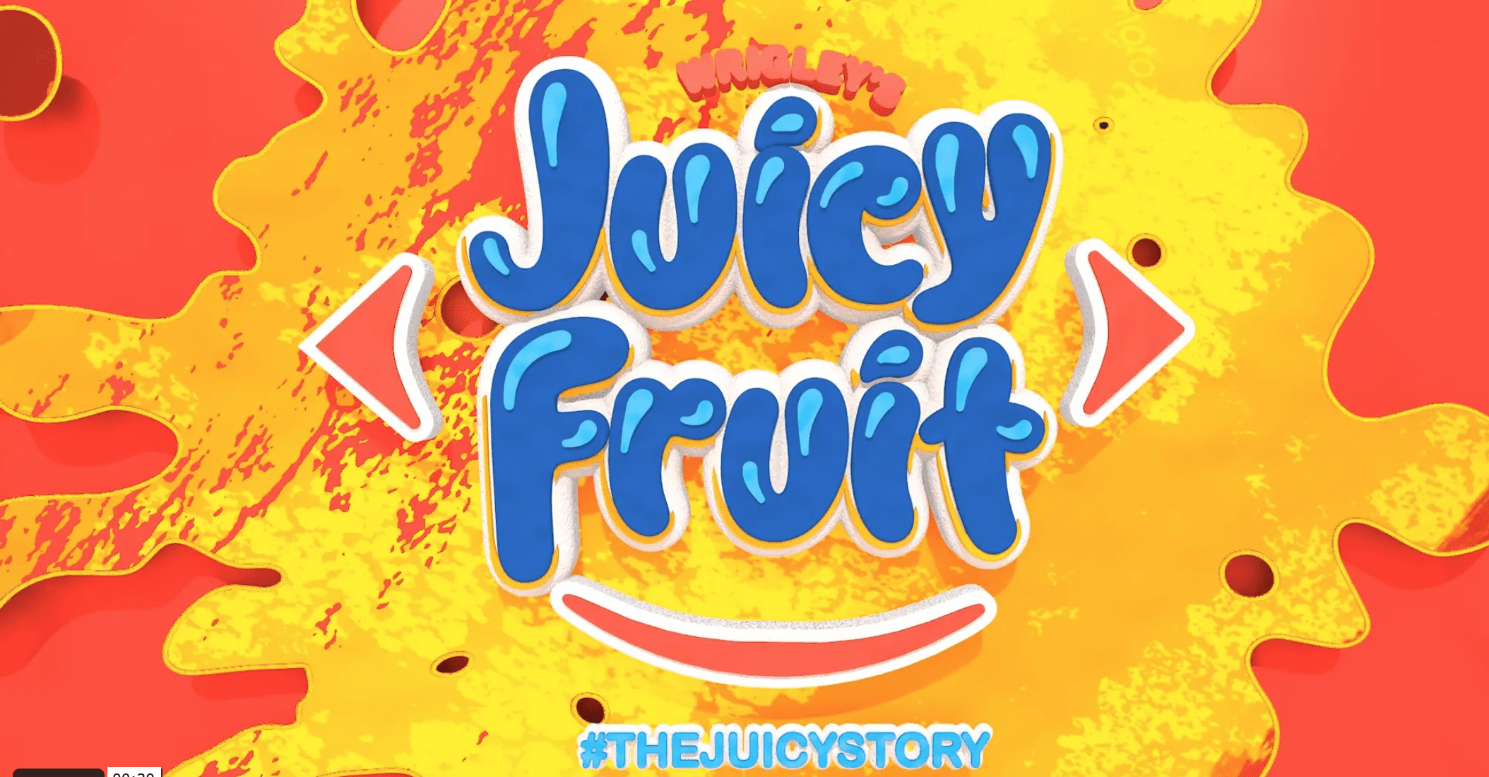Digital ad for Juicy Fruit gum. The company name is written in large blue bubble letters with a red smile underneath. Behind it is a large yellow splash on a red background. At the bottom is a blue hashtag that says "#the juicy story".
