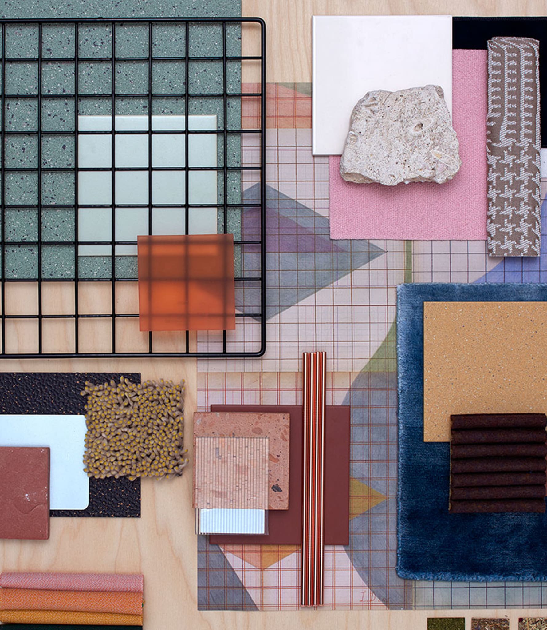 material board with orange blues and pinks