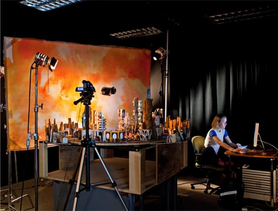 A student working in an Entertainment Arts stop motion studio