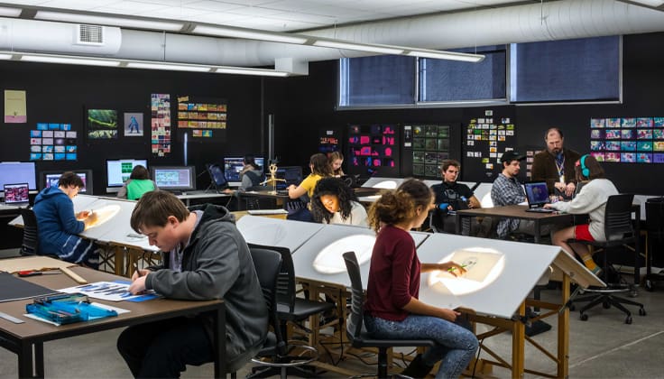 Students working in an Entertainment Arts studio