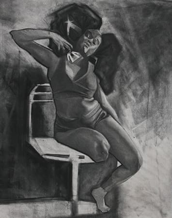 a charcoal drawing of. black woman stretching out on a chair