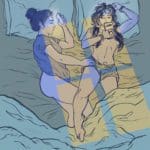 a multicolored illustration of two people laying in bed
