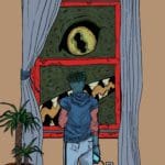 a multicolored illustration of a person opening a window with a monster outside