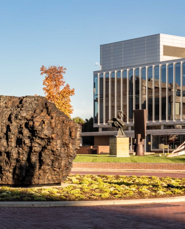 A photograph of the outside of CCS campus from Woodward avenue in Detroit