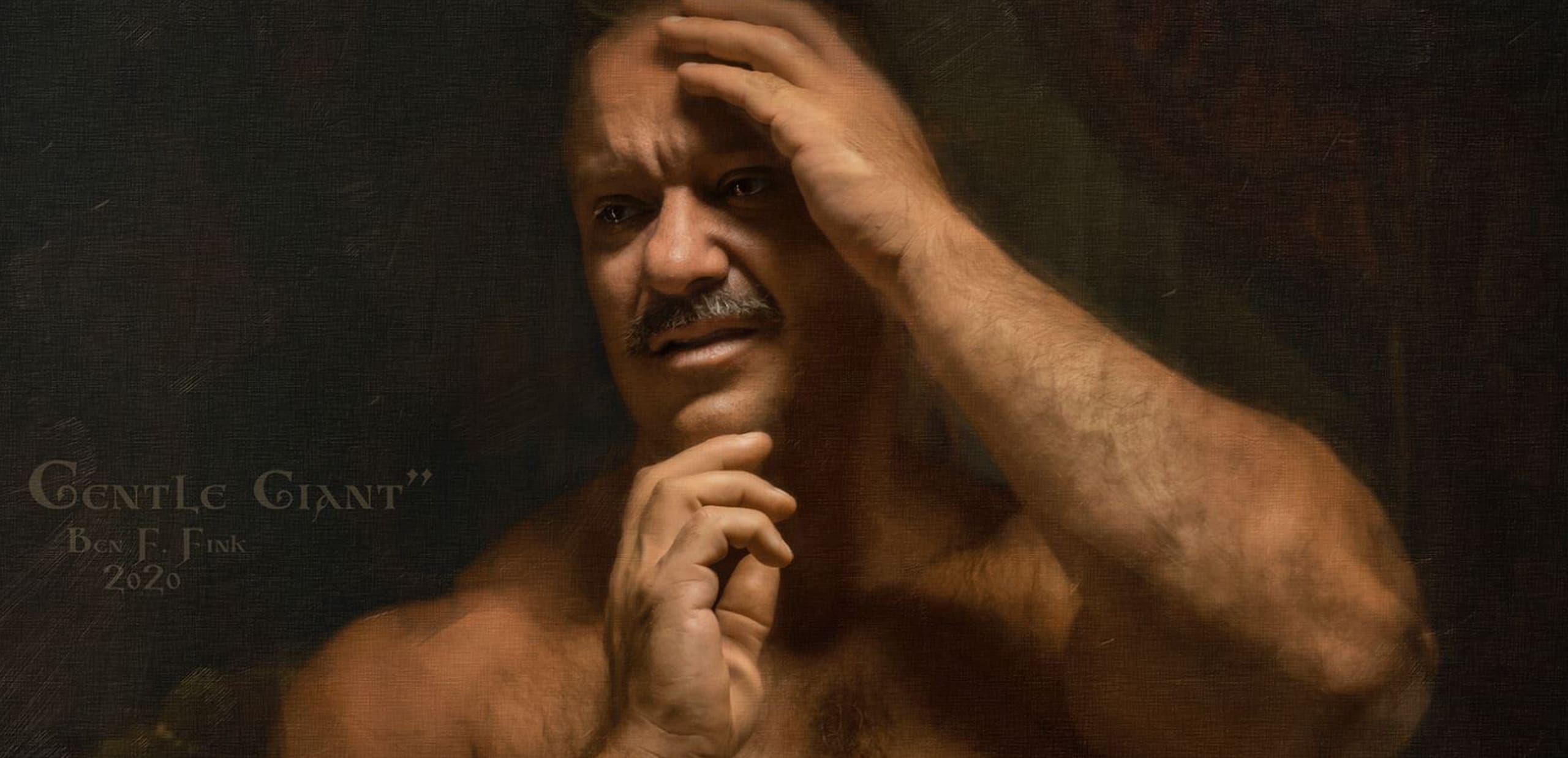 a painting of a fair skinned man with no shirt on covering his face