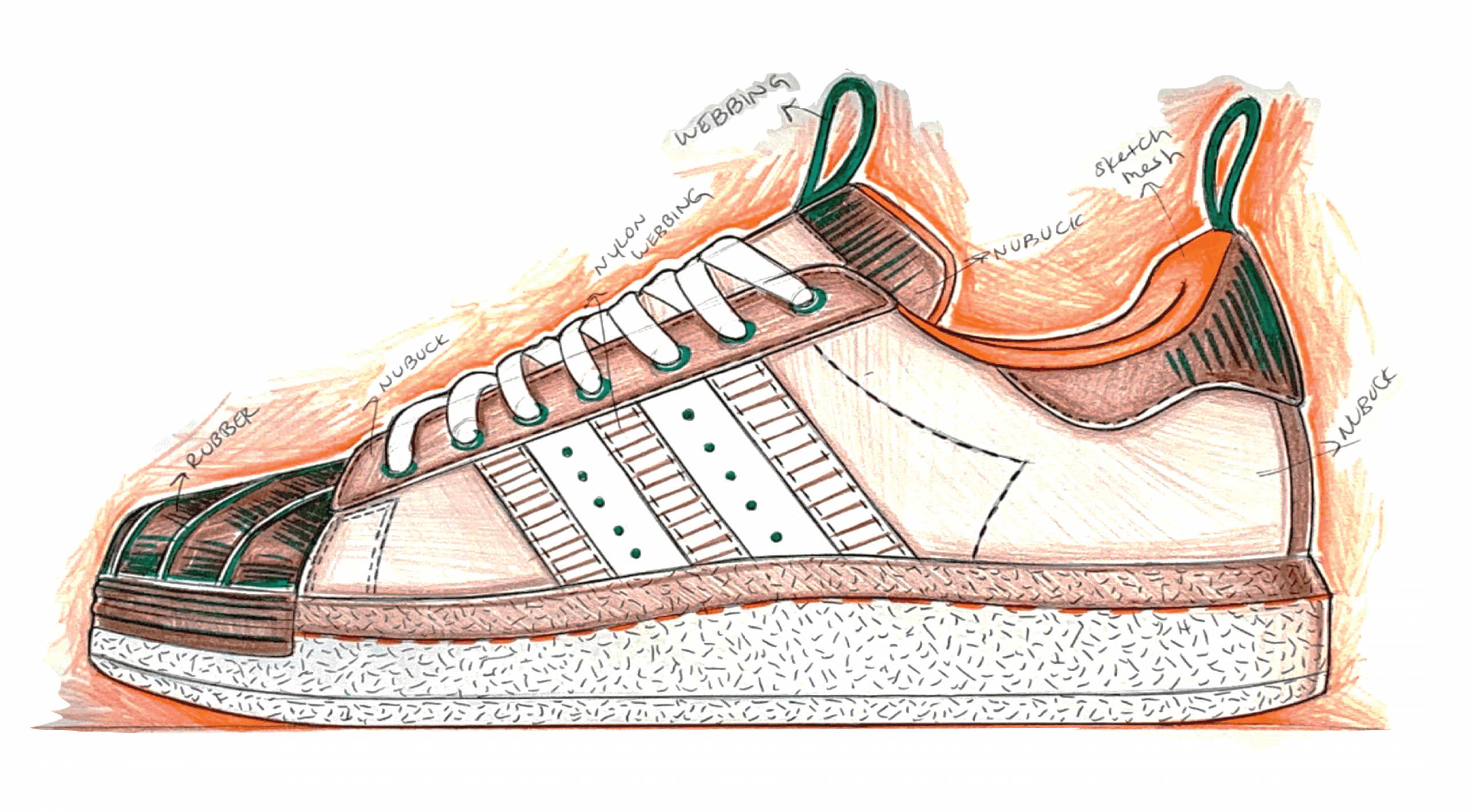 A sketch of a nike superstar sneaker designed by CCS alum Chereese Thornhill