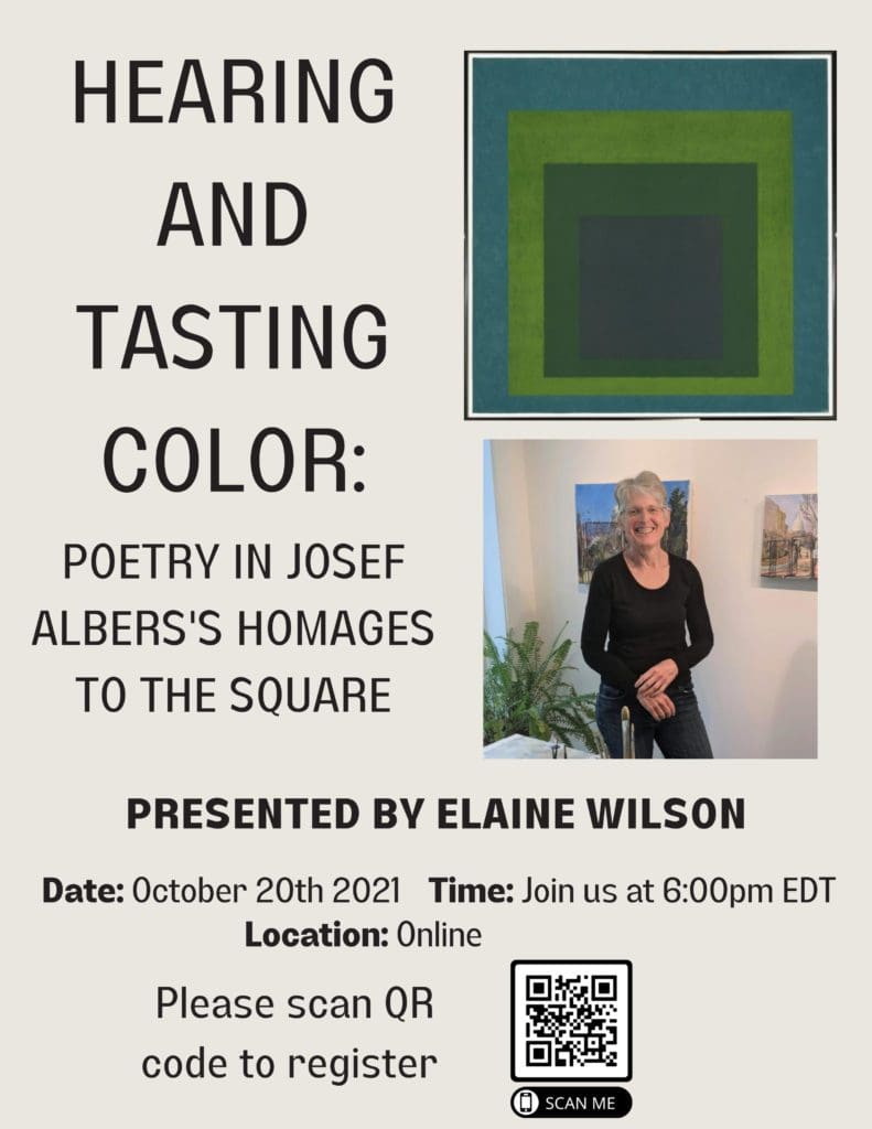 A Flyer that says the event title with an image of the presenting artist, Elaine. A QR Code at the bottom links to event details