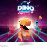 A digitally produced image of dinosaurs racing in a video game with the title "Dino Runner" at the top