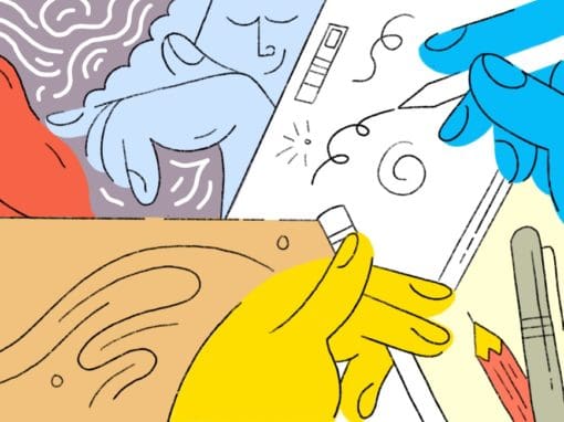 Illustration in red blue yellow and white of hands working on a portfolio.
