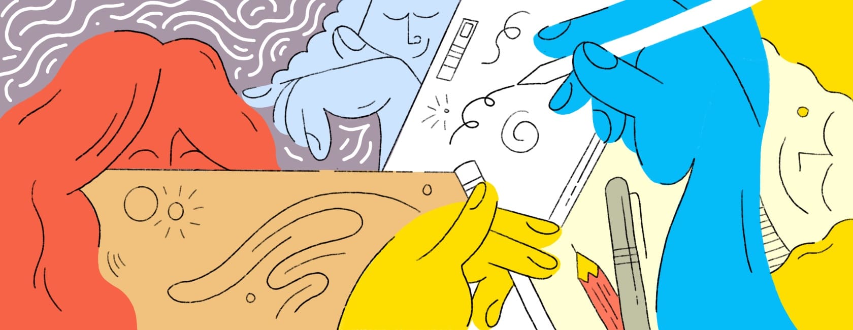 Illustration in red blue yellow and white of hands working on a portfolio.