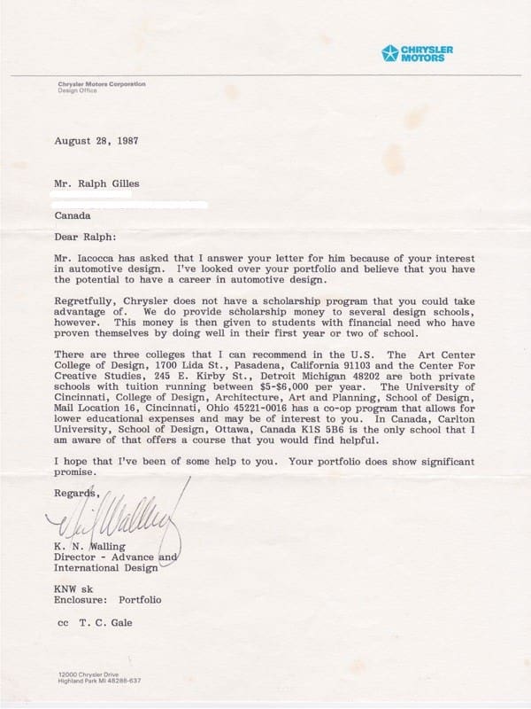 A letter from Chrysler Motors explaining to Ralph Gilles that Chrysler does not offer a scholarship program, and suggesting the College for Creative Studies to continue his studies.