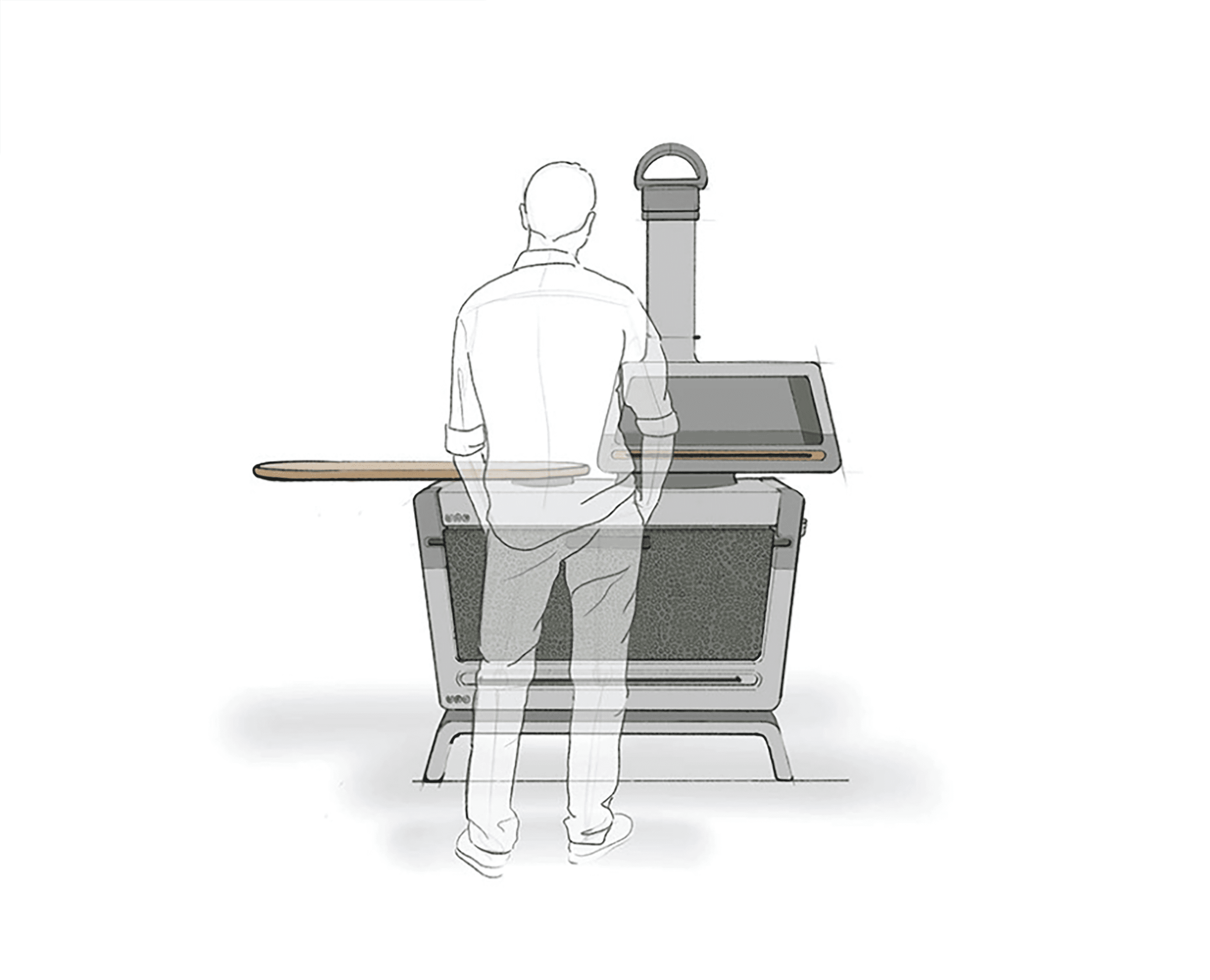 Digital mockup of a man standing in front of a minimalistic grill. The man is a transparent outline, while the grill is made of grey metal with a wooden countertop. The grill is made of three pieces- a large rectangular tank on the bottom, a smaller rectangular oven on the top, and a thin and tall chimney in the center.