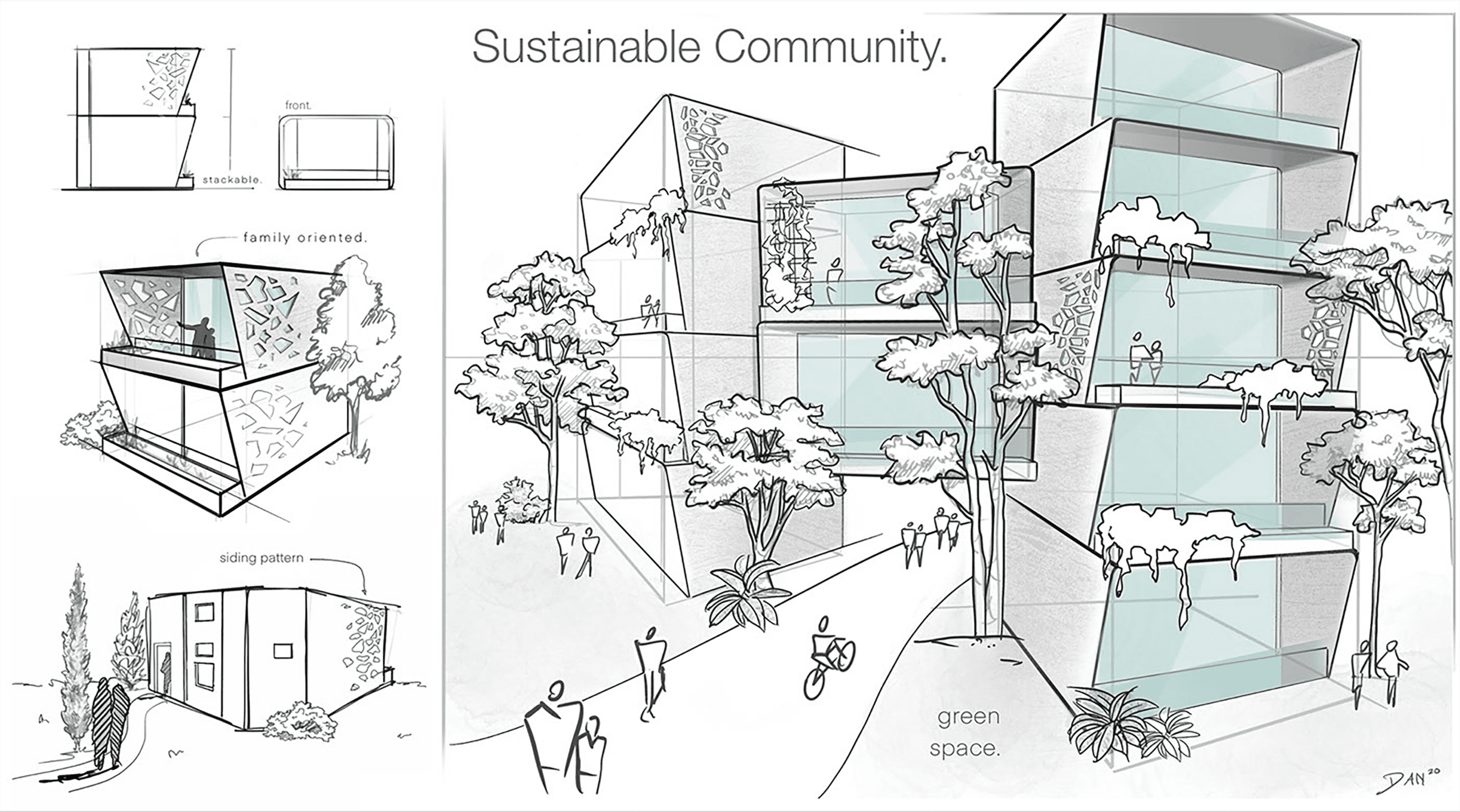 A semi transparent sketch of sustainable housing surrounded by trees and shrubs. The housing is made up of stacked rectangular units with giant windows facing the outside. Two sides of the housing are connected by a two story glass bridge.