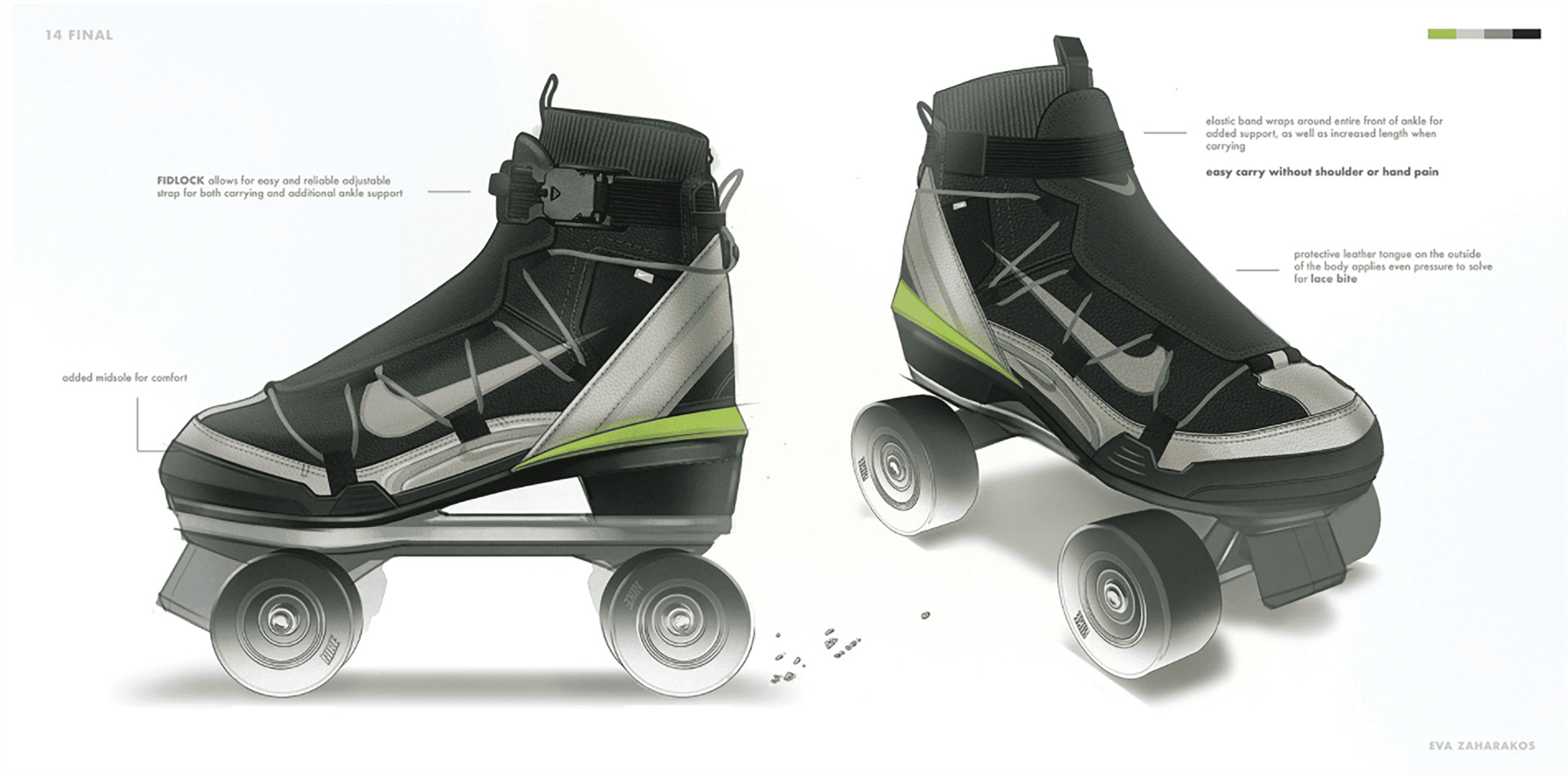 Digital image of Nike roller skates on a white background. The roller skates are black with white detailing and a light green stripe on the heel. A black buckle circles the ankle an light grey laces zigzag up the side of the shoe.