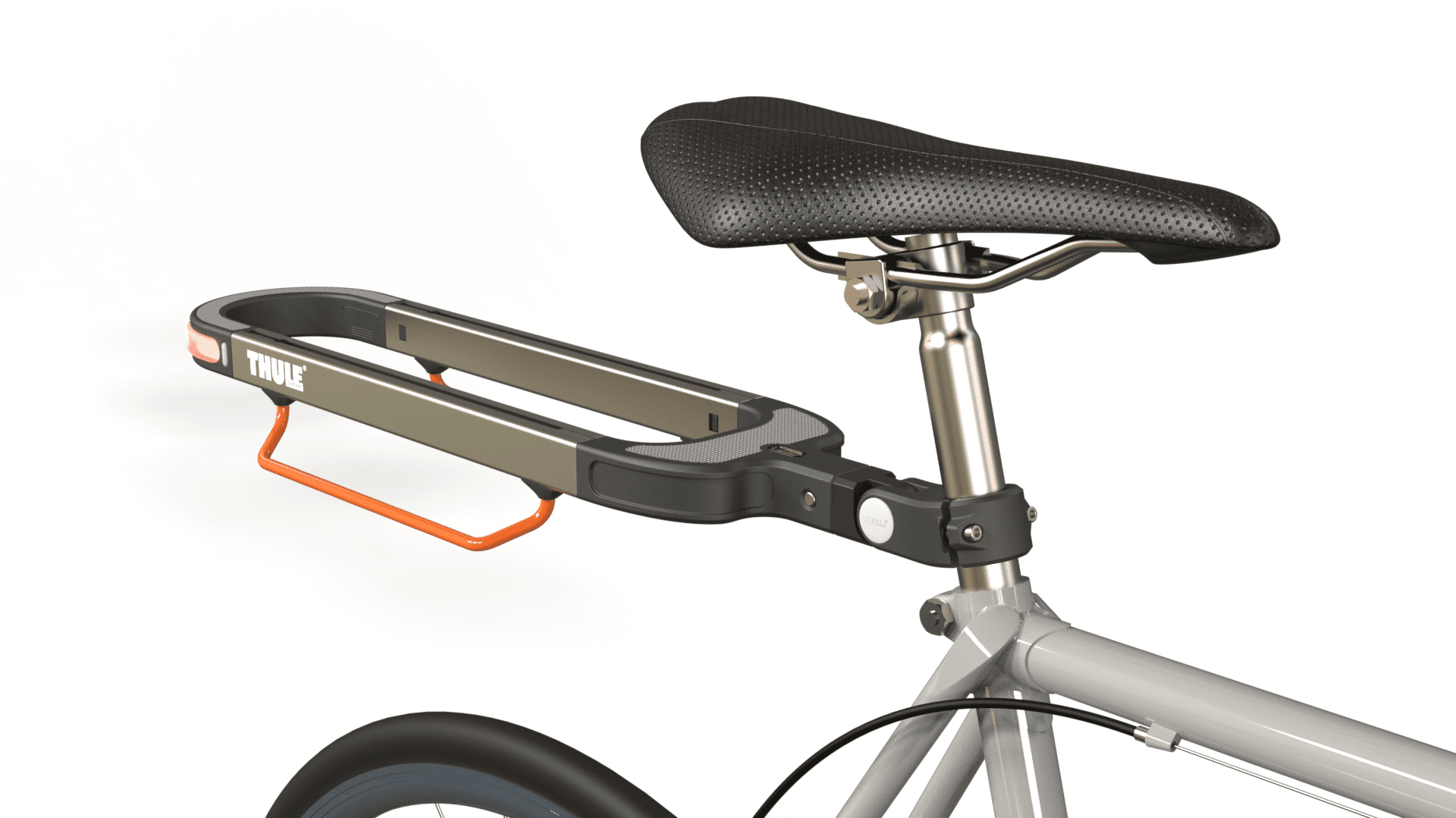 Digital image of a bike seat and its back rack. The bike is white and gold metal, the seat is black leather, and the rack is black with grey side panels, red lights and orange bars on the bottom. On the side of the rack is a white logo that says "Thule".