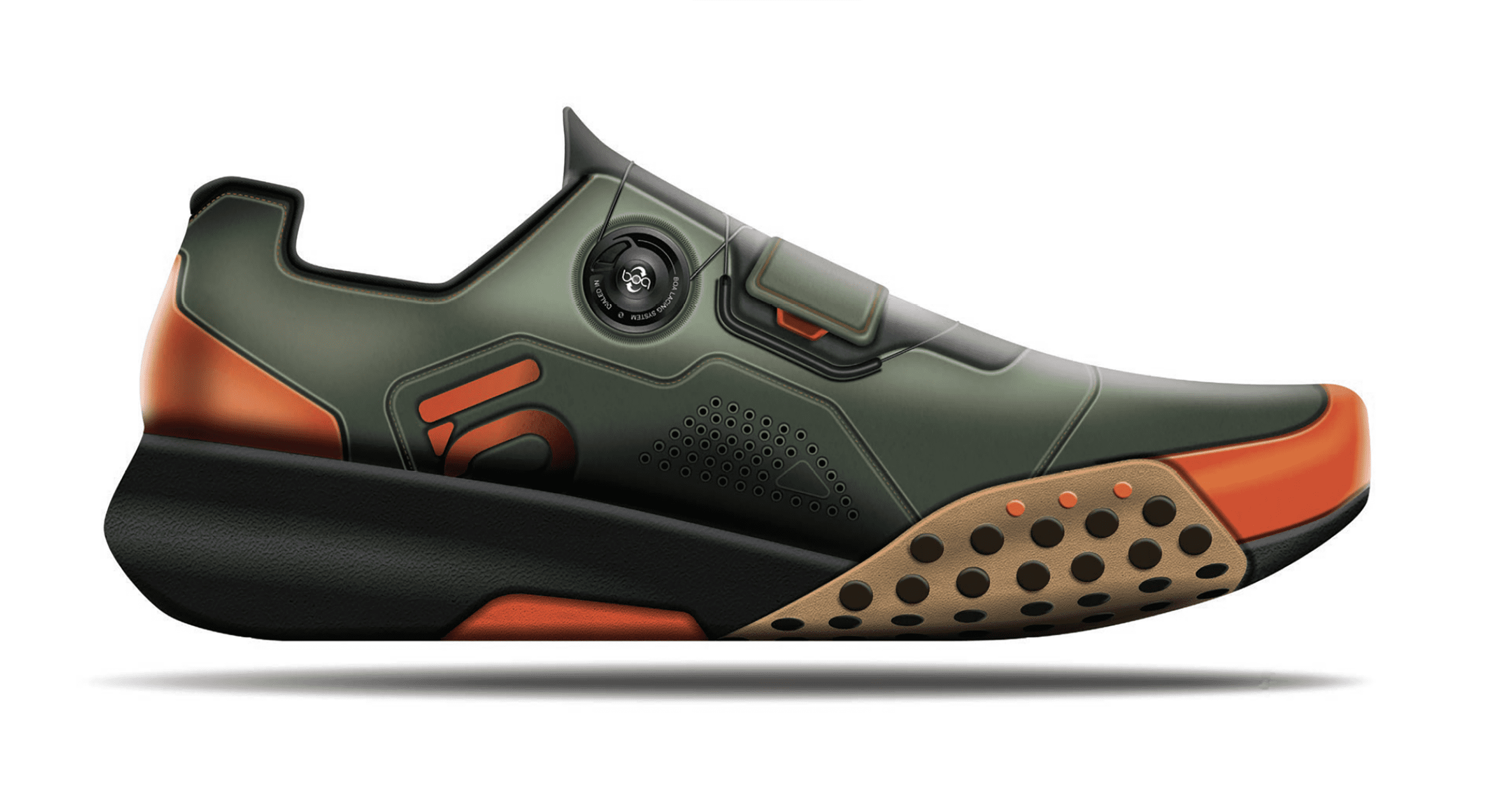 Digital image of a MTB show floating slightly in the air on a white background. The shoe is dark green with a black and gold bottom, and orange detailing on the toes and heel. The side of the shoe has an orange logo.