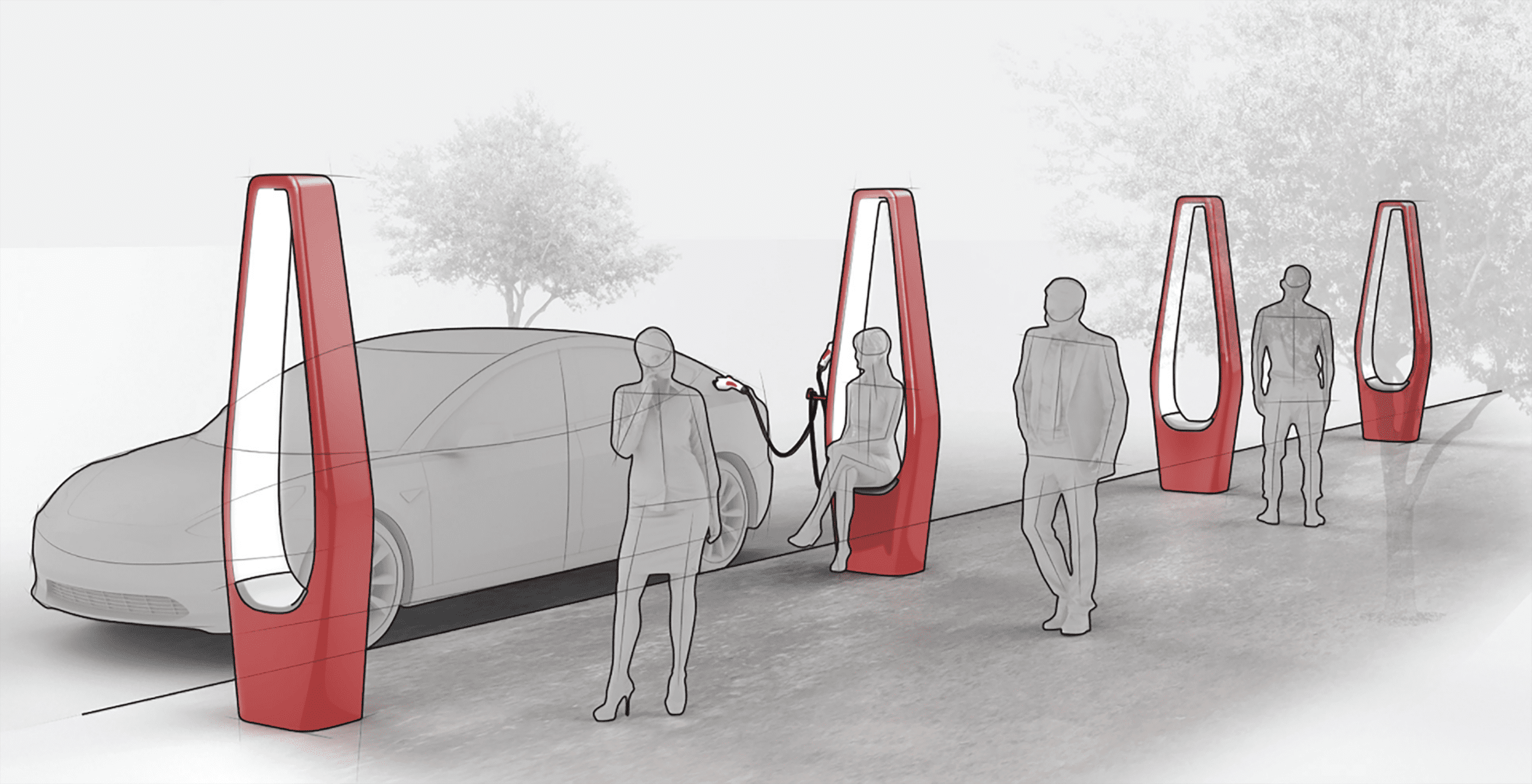 Digital image of four people standing at an Exxon charging station with one car and two trees. The four orange charging stations are long, tall, and slightly oval shaped. The rest of the image is a simple outline with grey, slightly transparent coloring.