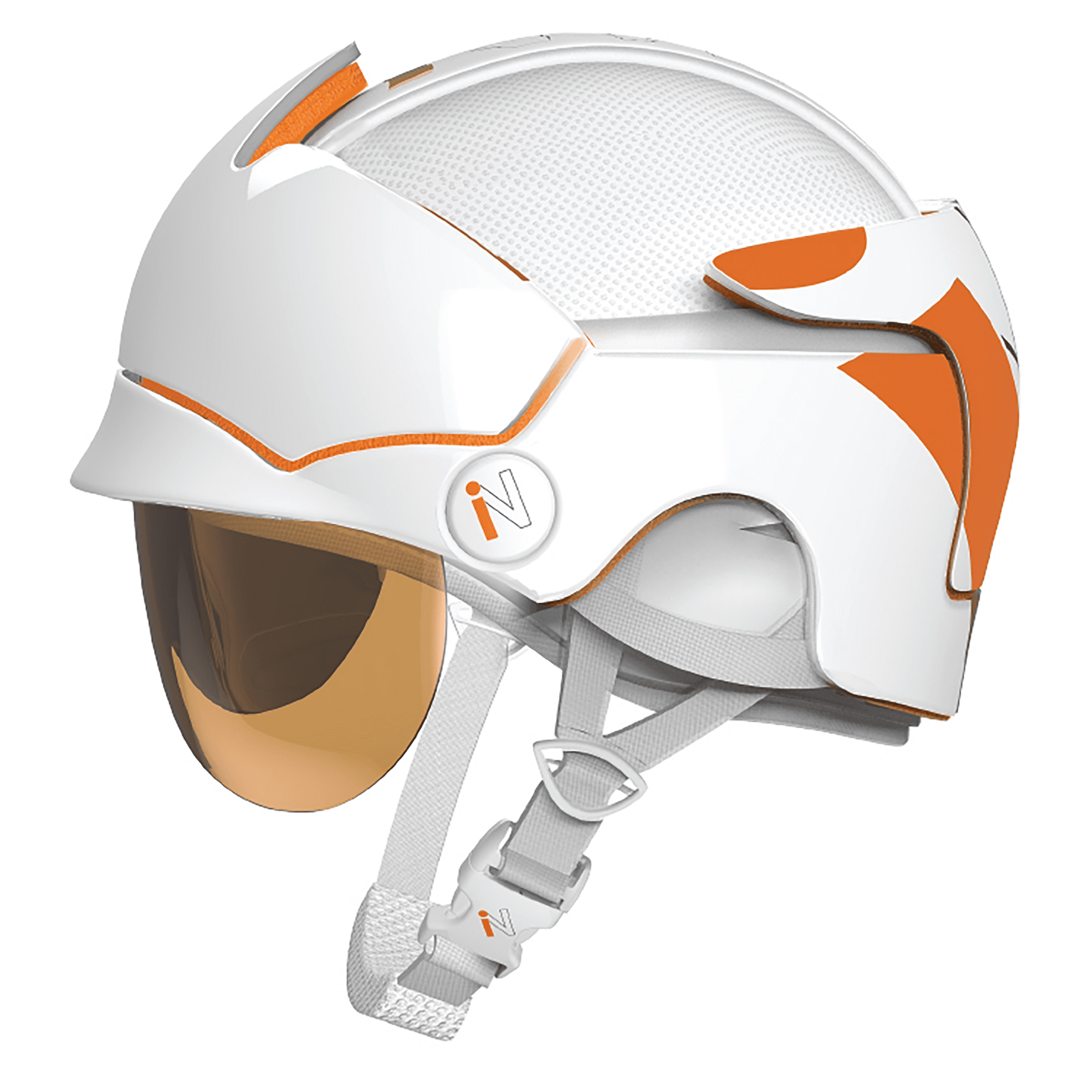 Digital image of a snowboarding helmet on a white background. The helmet is white with orange detailing on the back, an orange stripe on the front, and a white and orange logo on the temple that says "IN". The visor is golden colored.