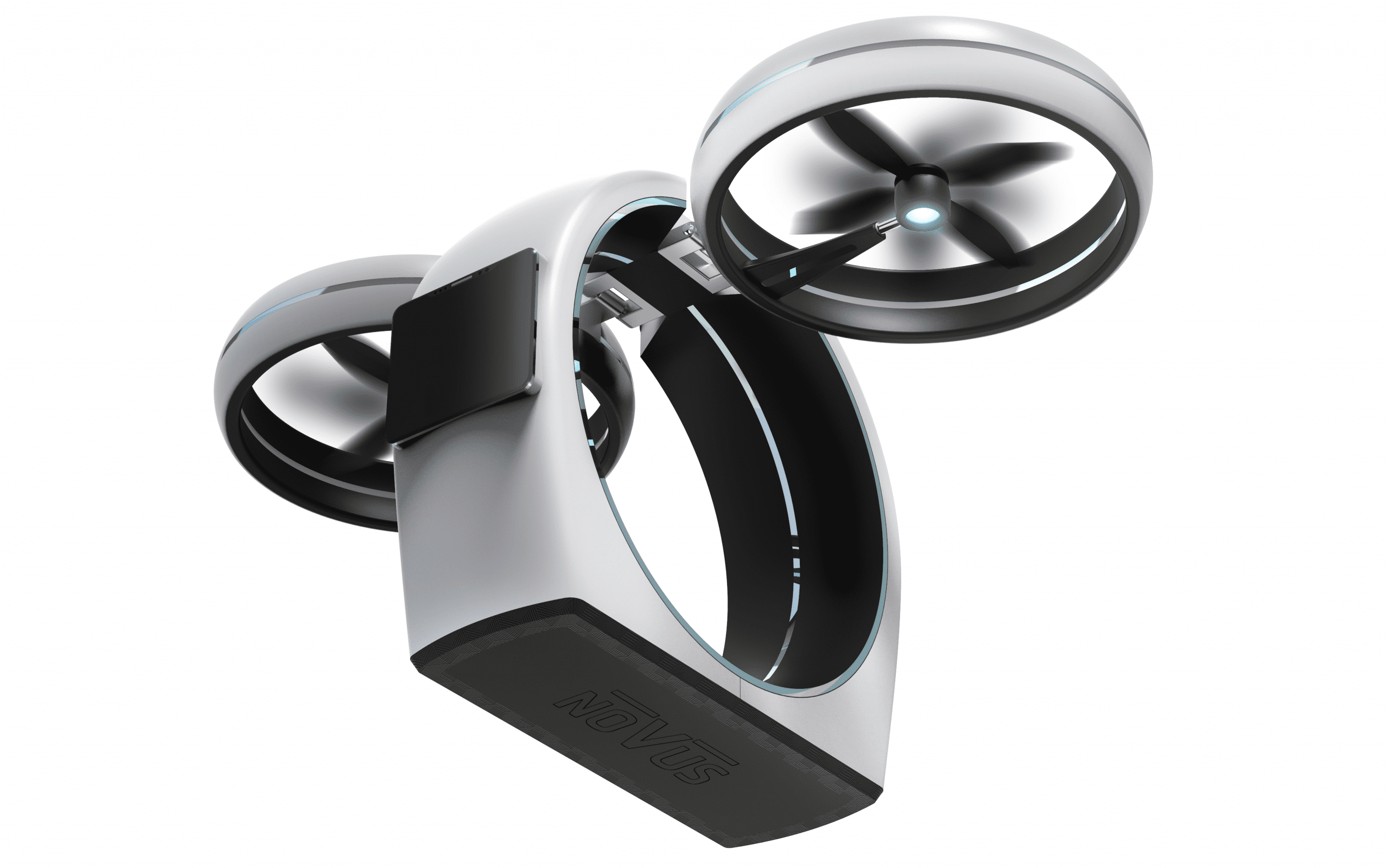 Digital image of a ring-shaped white drone on a white background. The flat bottom and inside of the ring are black. The drone has two black spinning propellers surrounded by white ring-shaped panels. The center of the propellers have glowing blue lights.