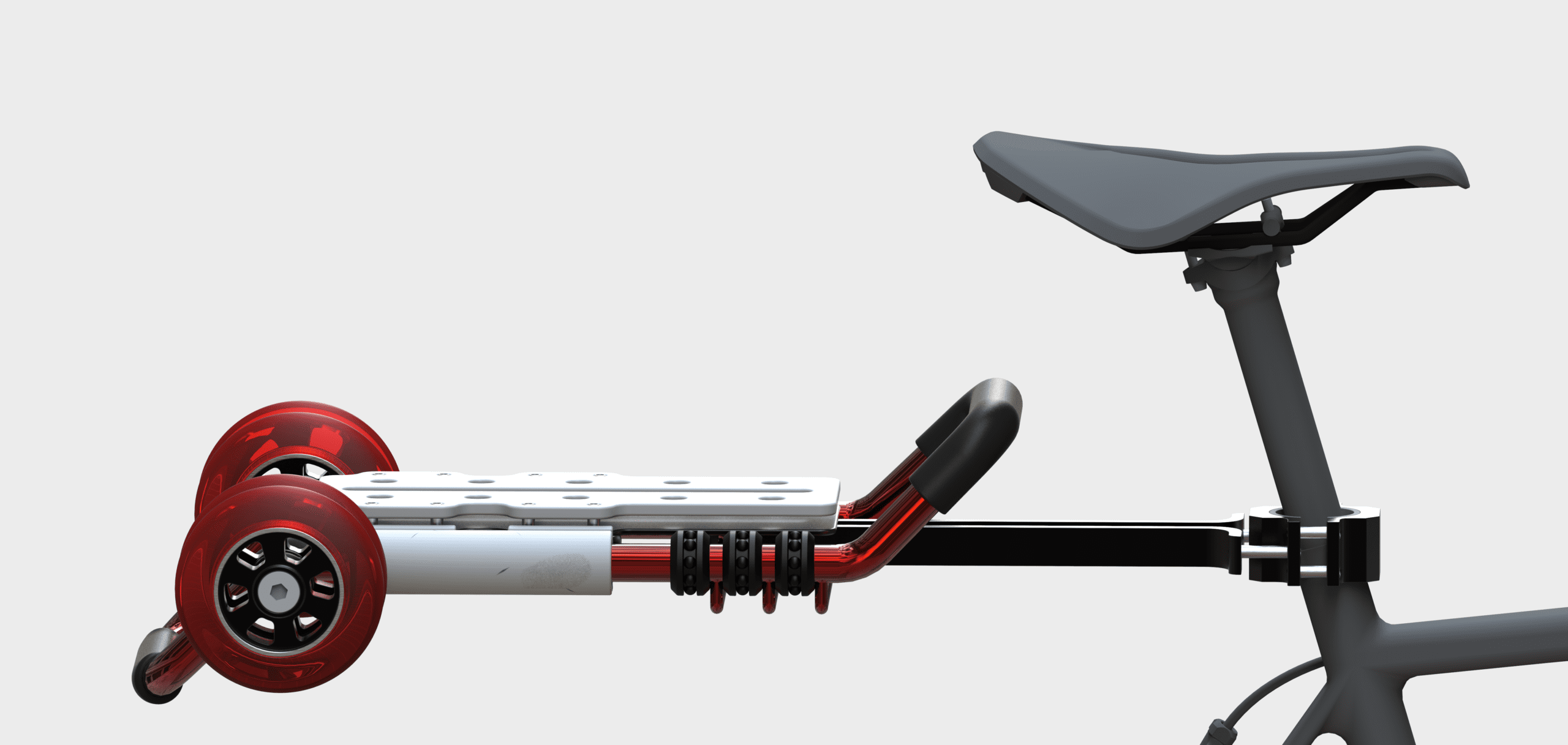 Digital image of a bike seat and bike rack. The bike is black with a sleek grey seat. The rack has a back connecting bar, white base, two red wheels in the back and two red bars in the front with black grips.