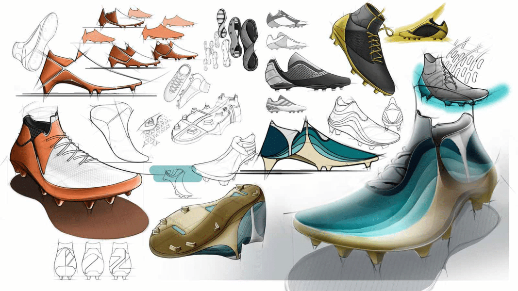 Multiple sketches of three different types of shoes. The shoes on the far left are orange with white tops and orange spikes. The shoes in the top right corner are black with yellow-green bottoms, laces, and spikes. The shoes on the bottom right are blue ombrè with crème bottoms and spikes.