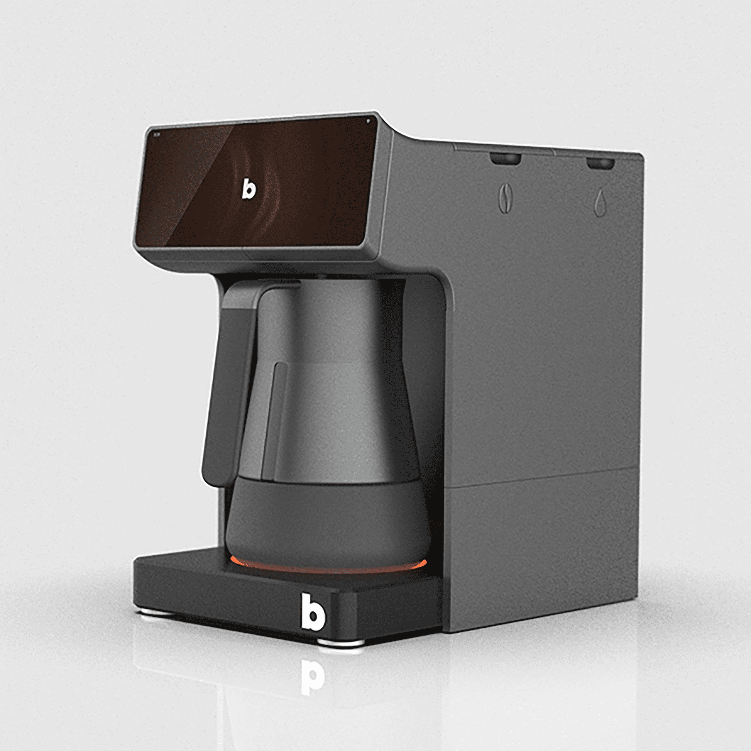 Digital image of a minimalist Bevo coffee maker. The coffee maker is black and boxy, with a brown panel on the top with a white "B" logo in the center. There is also a white logo at the base. A tall shiny black pot sits inside on a glowing orange heating pad.