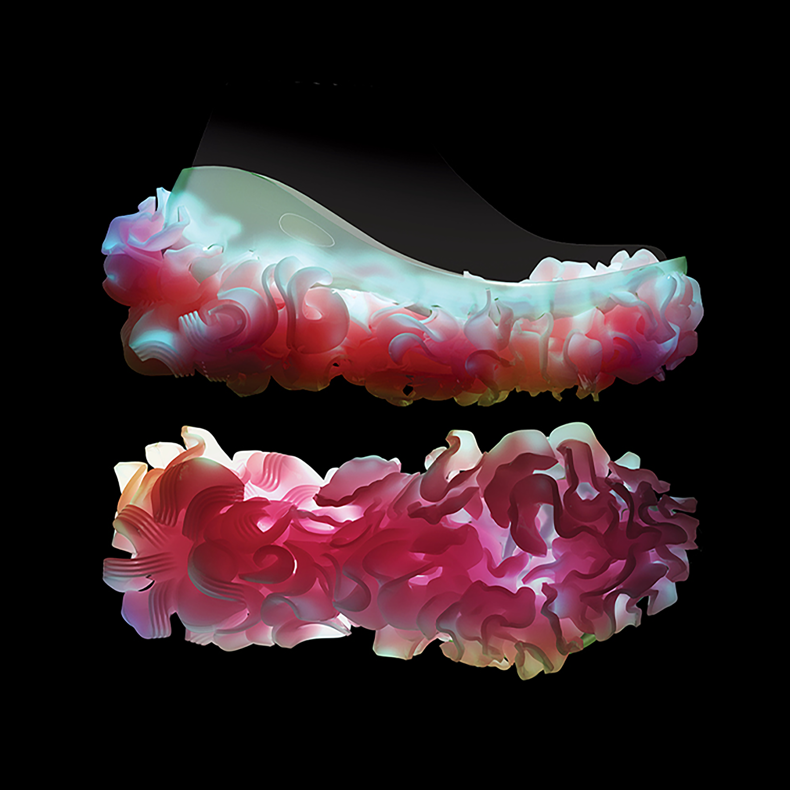 Digital image of two shoes, one with a side view and the other with a bottom view on a black background. The bottoms are glowing pink, yellow, blue, white and green. The bottom is made of countless swirling folds, resembling blooming flower petals.