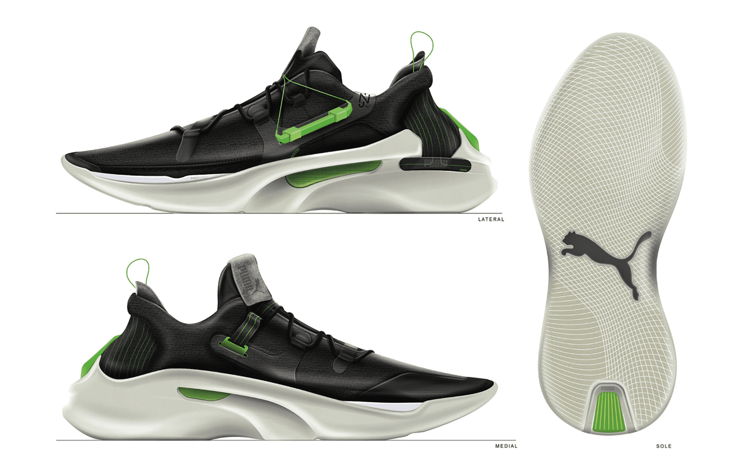 Digital image of three views a Puma shoe. One shoe is facing to the left, the one below is facing to the right, and the largest is a bottom view. The shoe is back with white bottoms and light green detailing. The bottom of the shoe has a black Puma logo.