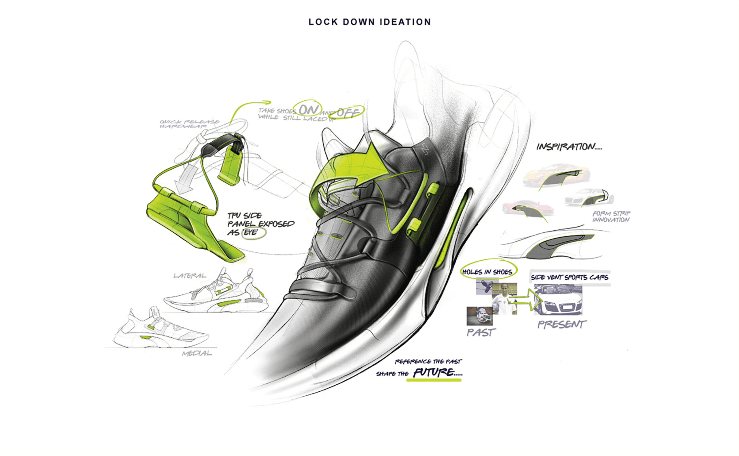 A colored sketch of a Puma shoe with a black top and white rubber bottom. The shoe has a light green strap and green stripe on the side. A large green arrow at the top shows how the strap connects to the shoe's body.