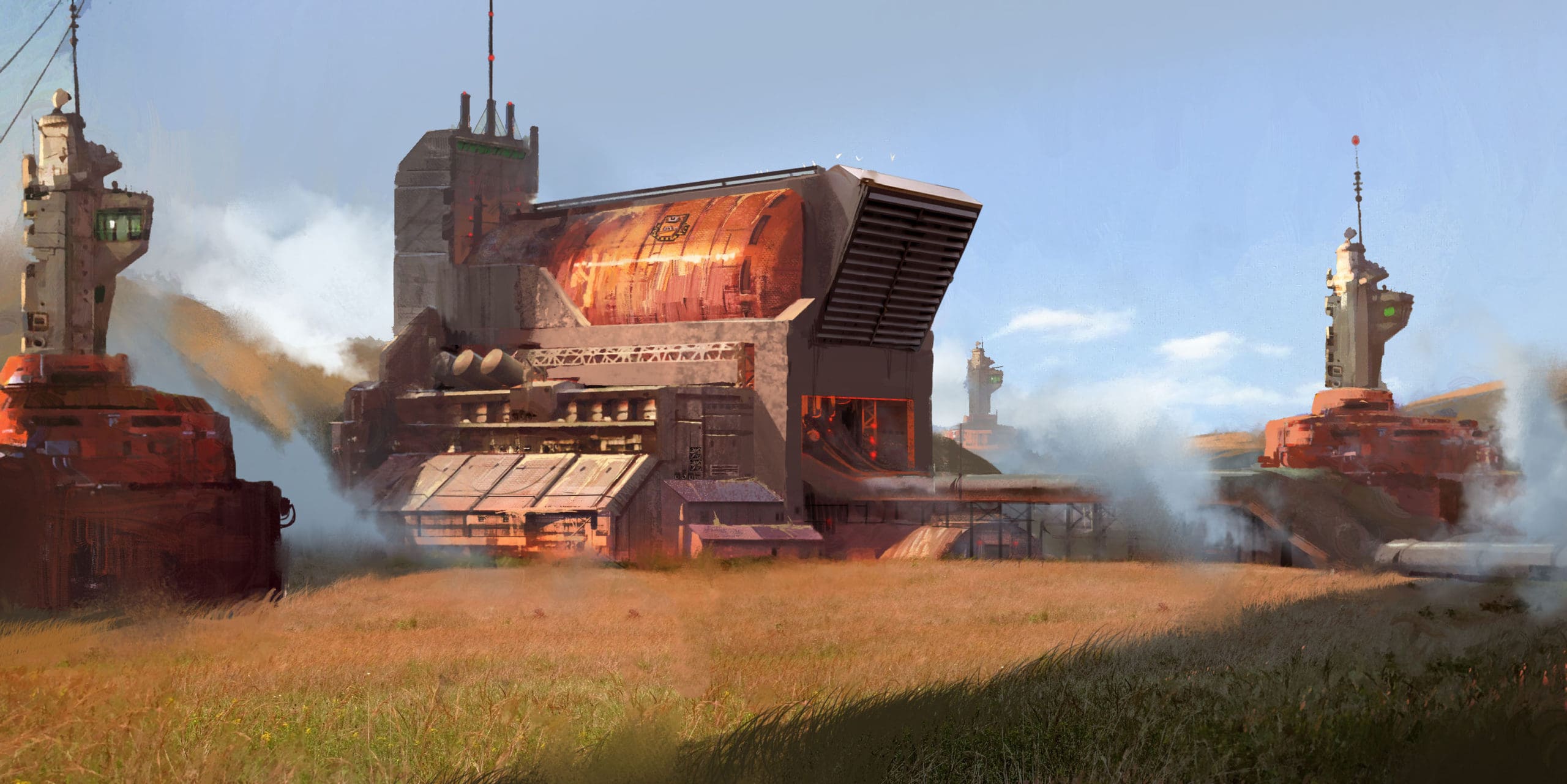 Colorized concept design of three futuristic copper and cement buildings in a field of grass.