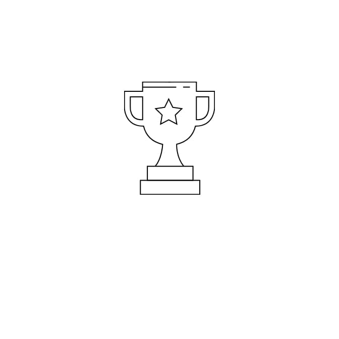 Black line symbol of a trophy with a star in the center. Against a white background.