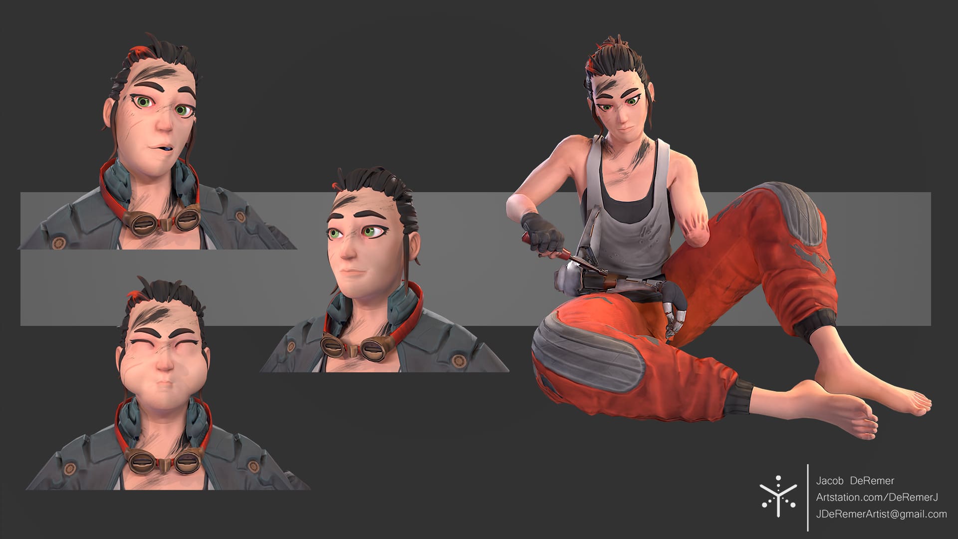3D model of a woman with dirty orange work pants with grey kneepads and a dirty white tank top. She is barefoot, smeared in soot, and has tied back brown hair with an orange streak. Her right arm is amputated at the elbow, while her left arm wears a leather glove and holds a screwdriver. On the right, she sits on the floor and tinkers with a mechanical arm. On the left, three facial studies show her intrigued, calm, and holding her breath.