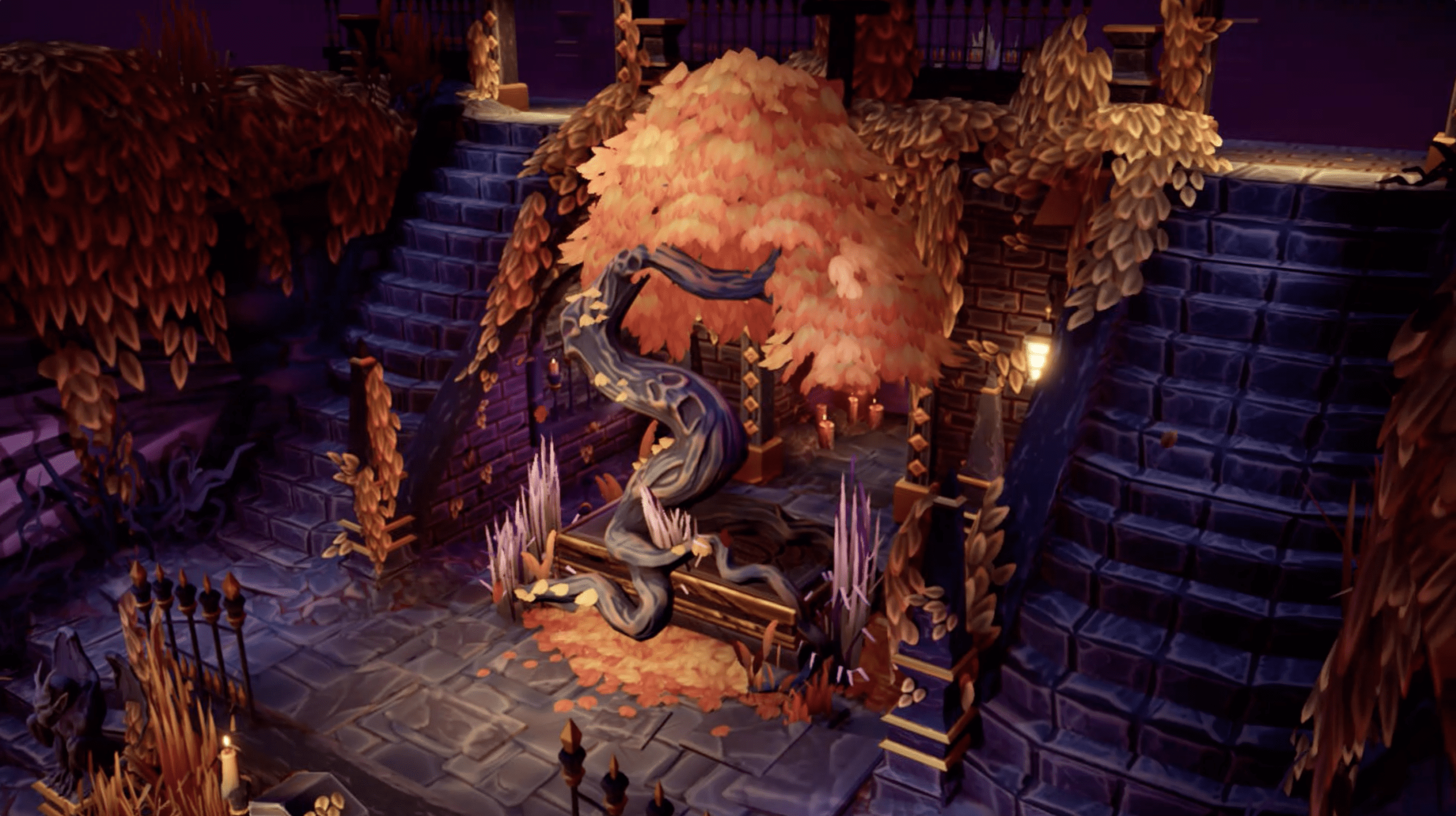 3D model of a game environment depicting a tall tree with orange leaves and a twisted and knobby trunk. To the left and right of the tree are stone staircases that leadup to two iron gates and lamps that are off screen. At the base of the staircases is a cobblestone walkway littered with fallen leaves. A soft yellow spotlight is shining on the tree.