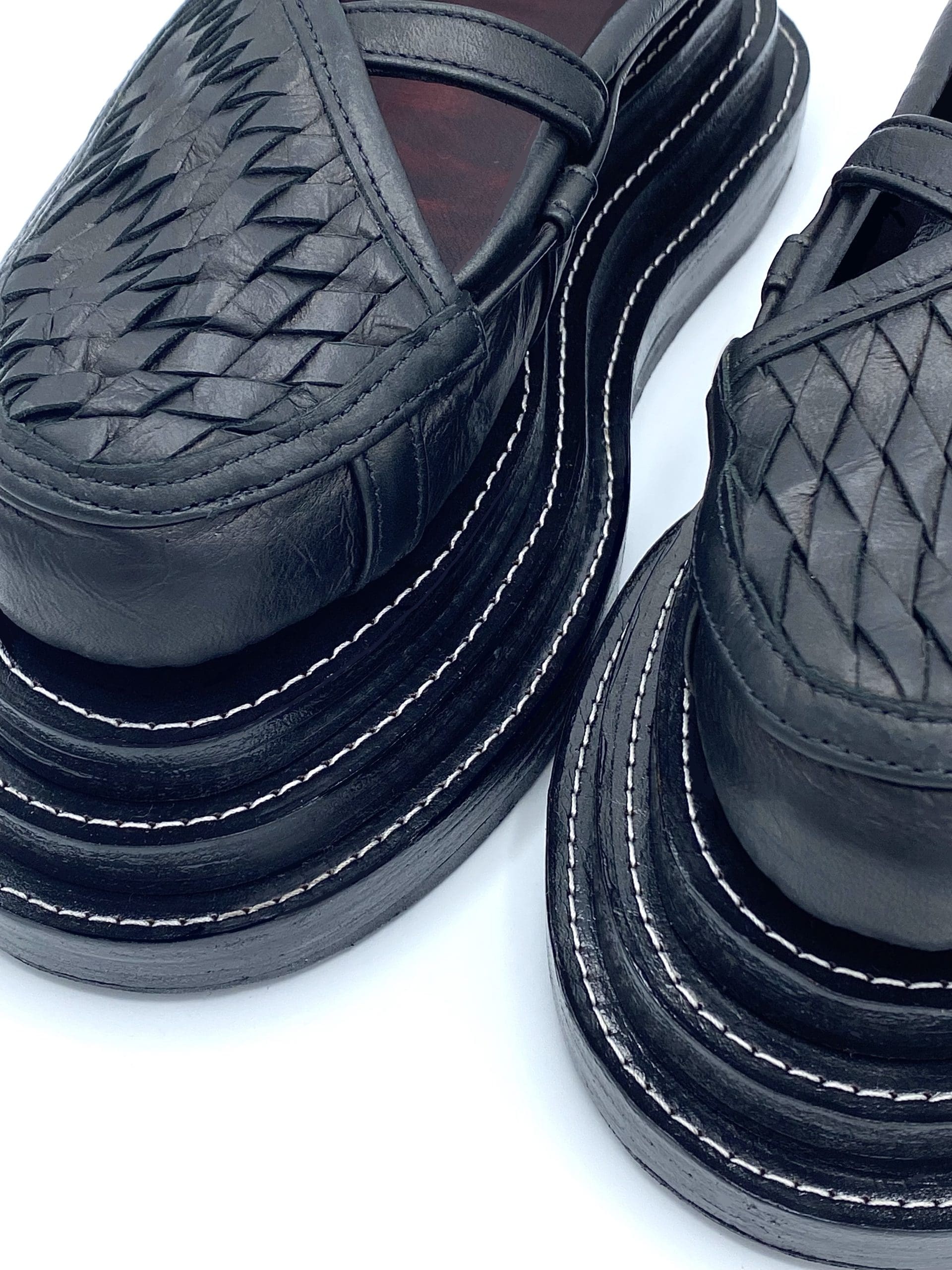 Closeup photo of two black leather shoes with white stitching against a white background. The tops of the shoes are weft, and they have straps near the ankle.