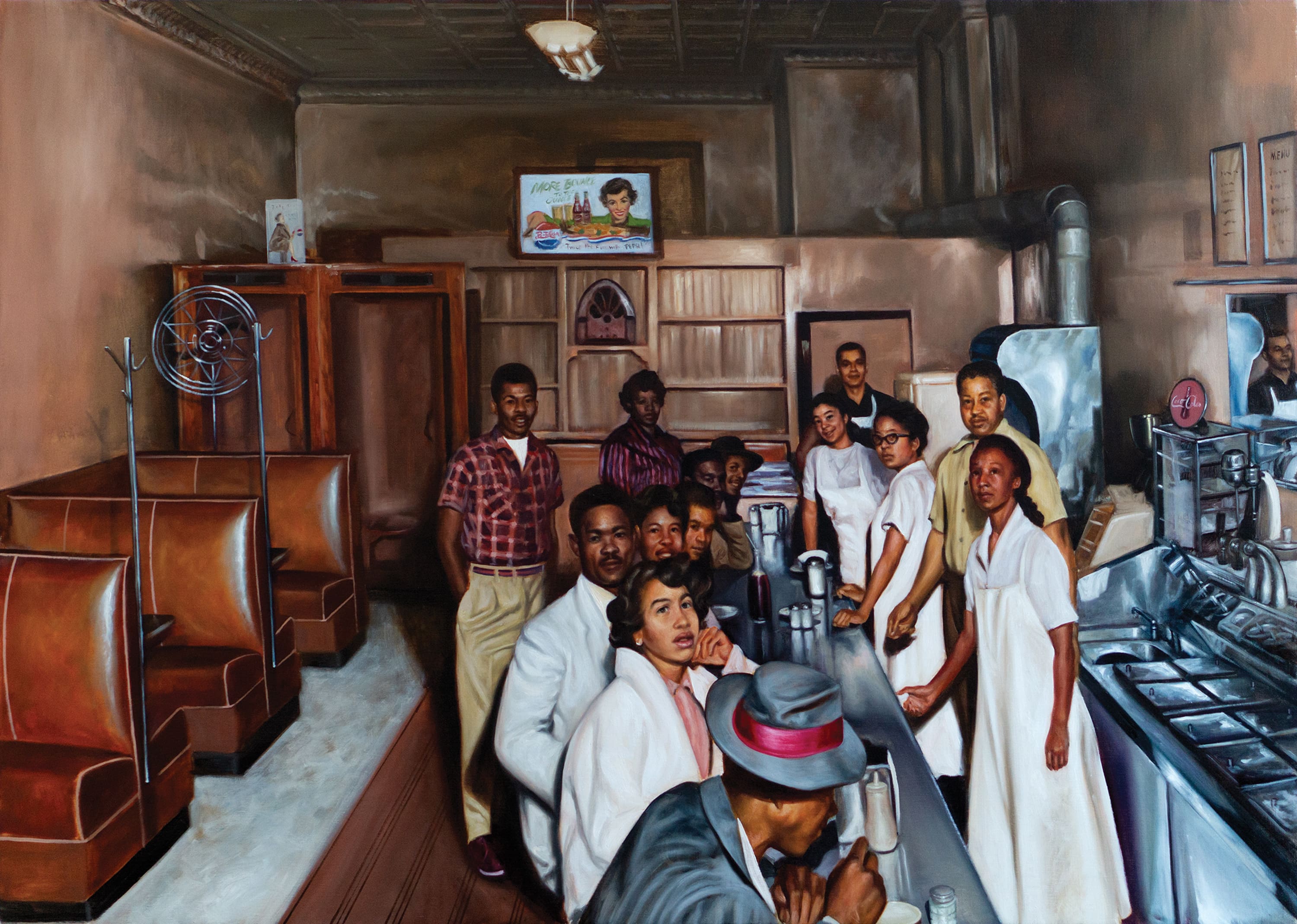 i-continue-to-dream-2020 an oil on canvas painting of Black people sitting in a restaurant