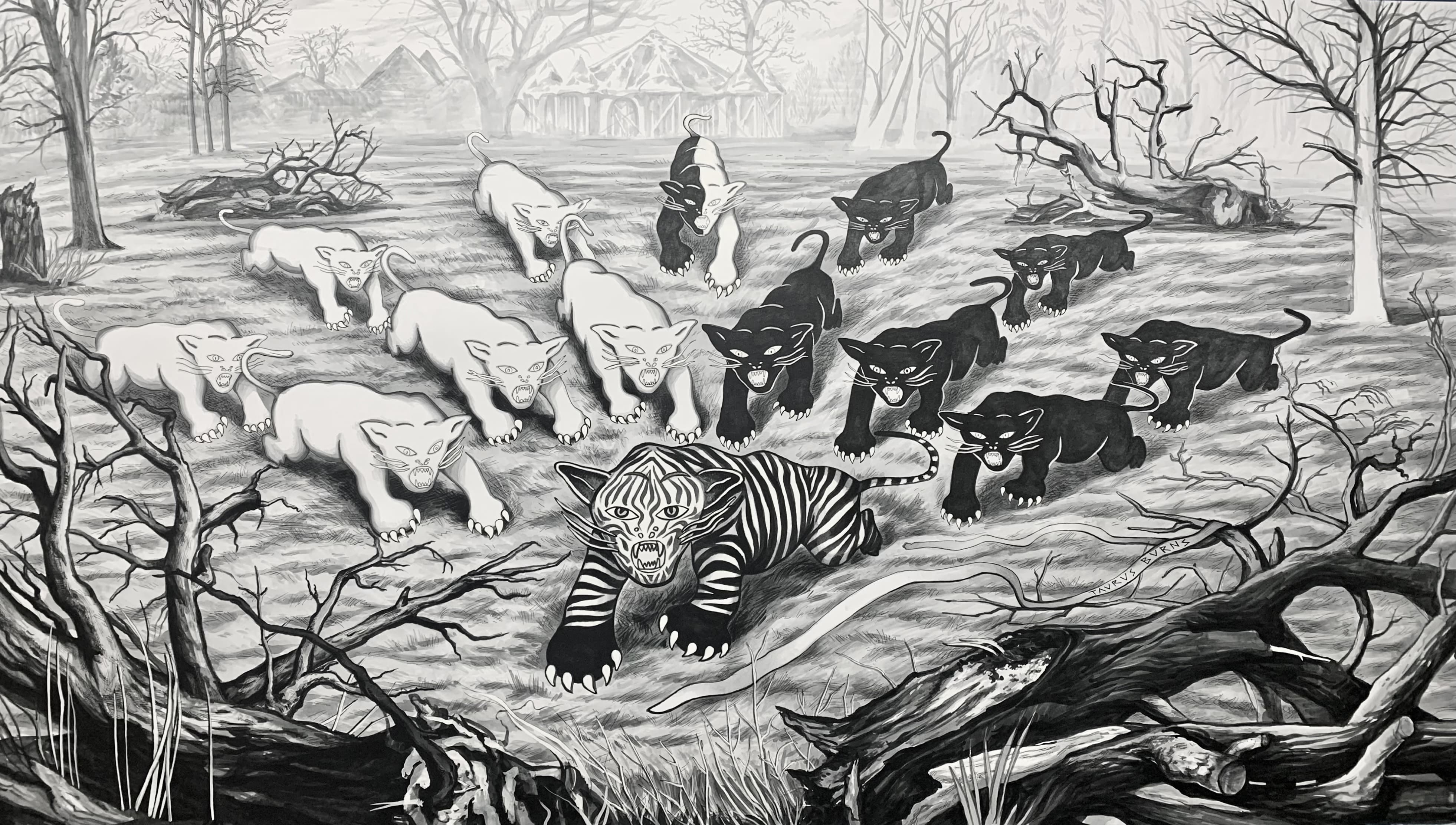 Taurus Burns, “Edge of the Forest” Oil on Canvas showing black and white panther like creatures in the wild