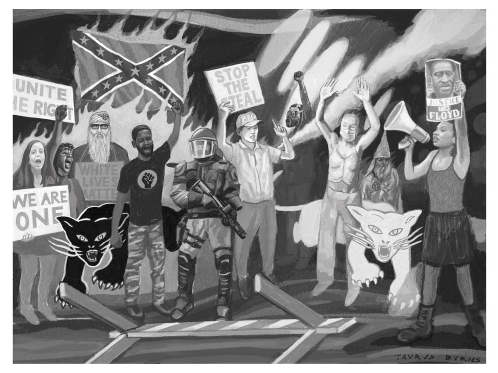 oil on canvas by Taurus Burns depicting opposing sides at a rally over George Floyd protest