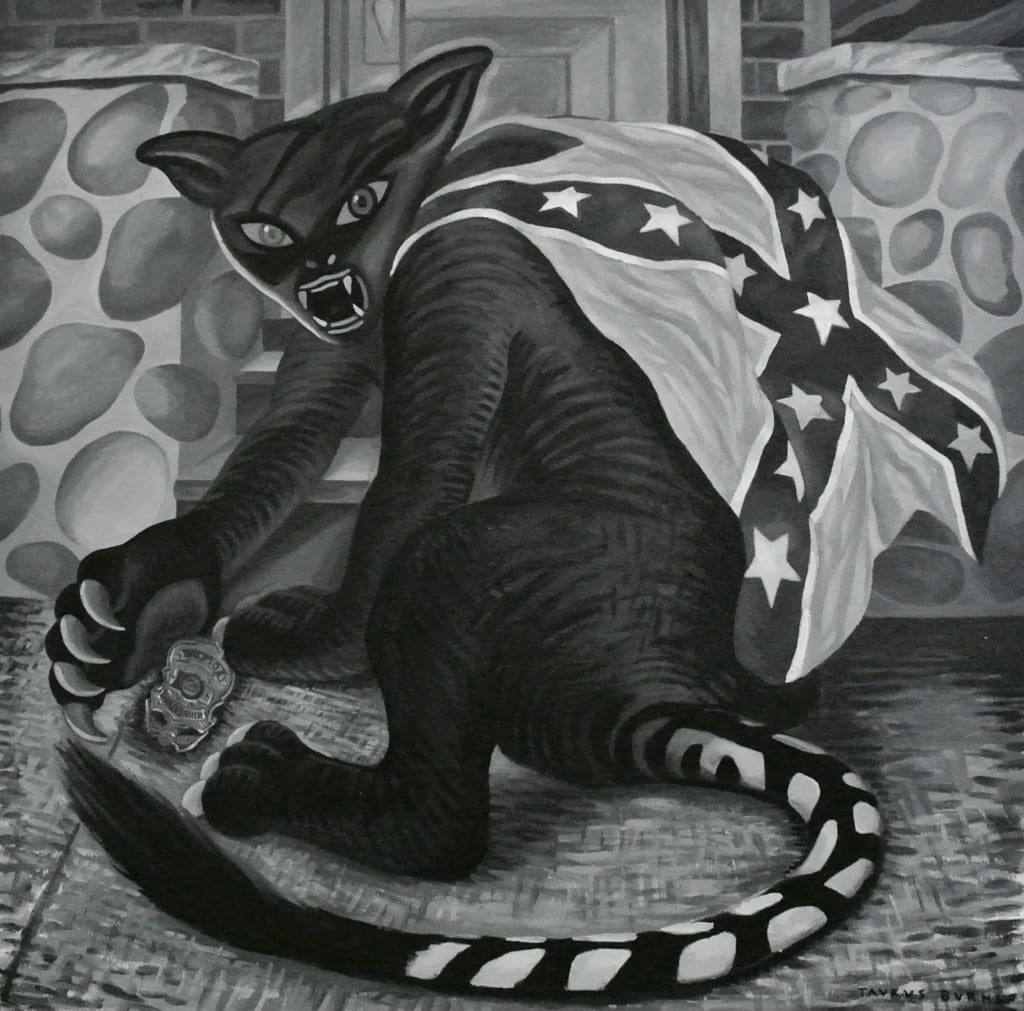 oil on canvas by Taurus Burns, a black cat with a confederate flag cape